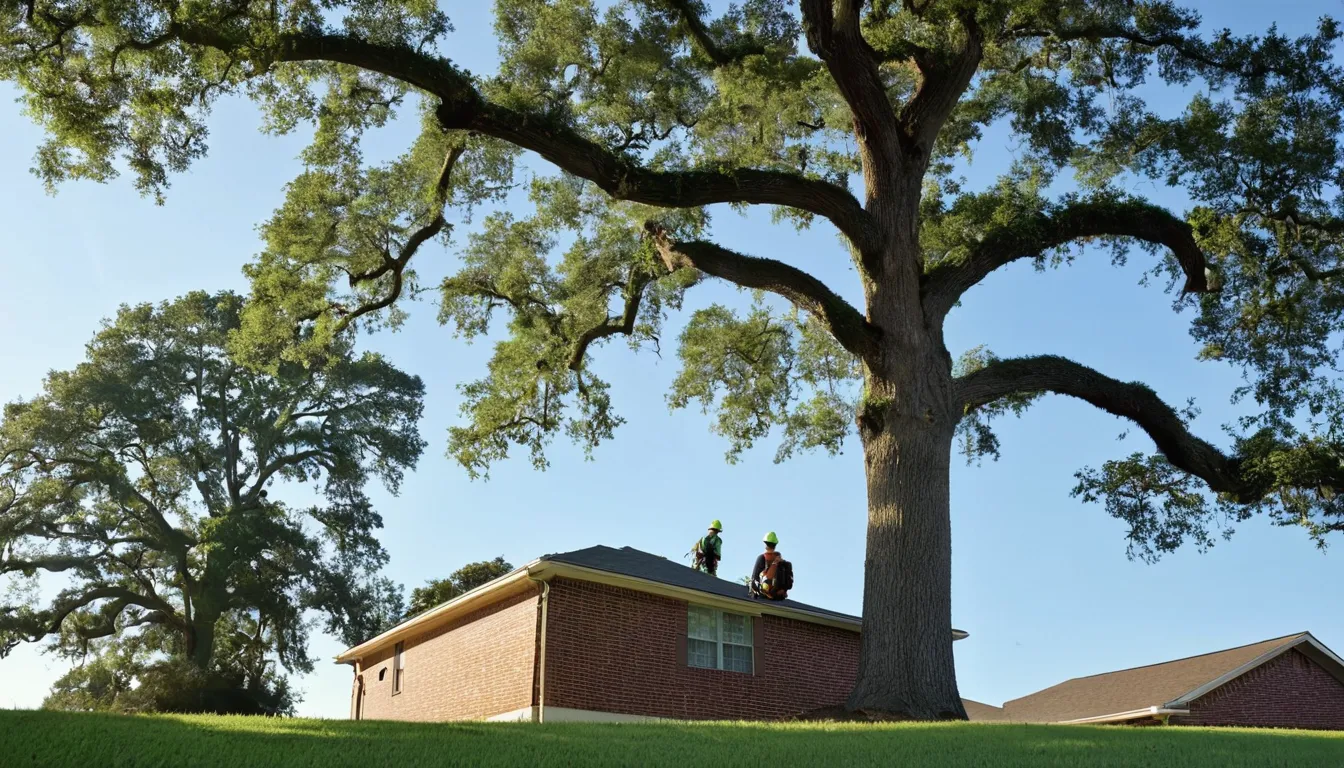 A local tree provider checking a large backyard tree behind a brick ranch home near Westover